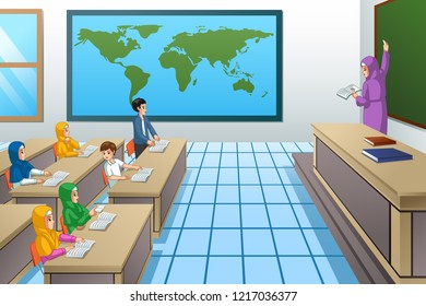 A Vector Illustration Of Muslim Kid And Teacher In A Classroom Stock